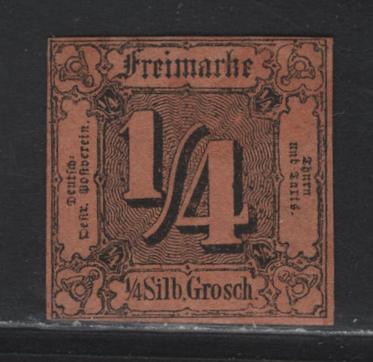 Lot 28 Germany -Thurn & Taxis SC#1 1/4sgr Black on Red Brown Numerals, 1852-1858 Numeral Issue, A VFPOG Single, Full Margins All Around Except Just Barely Clear At LL