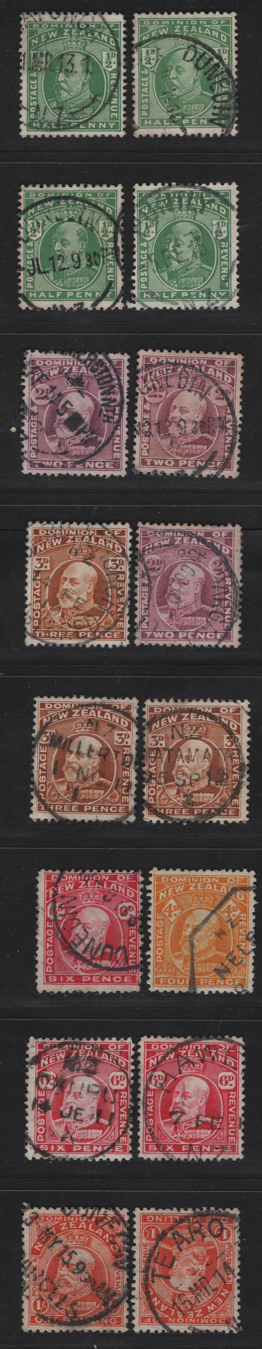 Lot 281 New Zealand (C) SG#387-389, 390a, 392, 394, 398 , 1909-1916 King Edward VII Issue, 16 Fine/Very Fine Used Singles, CDS Towns Or Hexagonal Town Cancel (Nelson), Including Dunedin, Huntly, Atamata, Christchurch, Tearo, Millerton & Okiipu