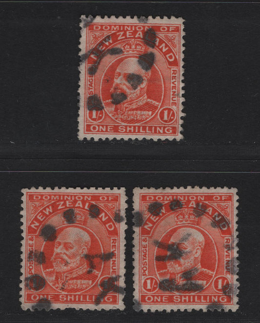 Lot 282 New Zealand (C)   1909-1916 King Edward VII Issue, 3 Fine/Very Fine Used Singles, Auckland Sunburst Cancels, Two Slightly Different Shades Of Vermillion On Comb Perf 14x14.5, Line Perf 14.