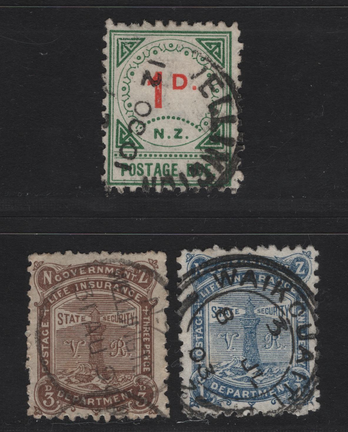 Lot 283 New Zealand (C) SG#D14, L4, L14 , 1899-1904 Postage Due & Life Insurace Issues, 3 Very Fine Used Singles, Wellington & Waikouaiti CDS Town Cancels, 15 Dots Above NZ & Small D Wmk, Perf 12x11.5.