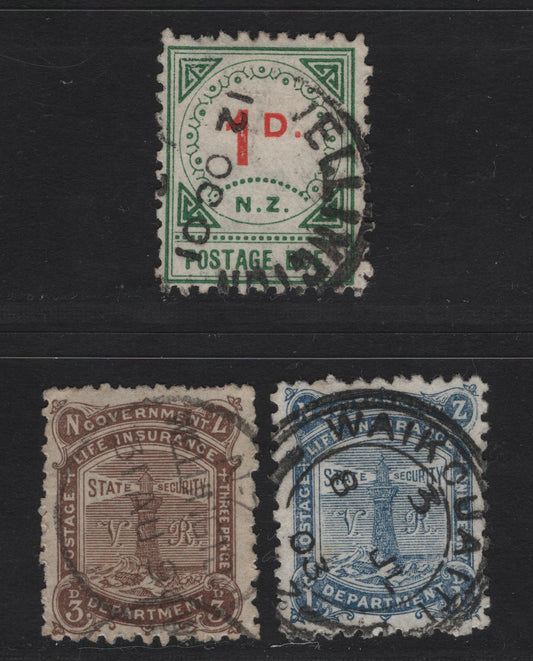 Lot 283 New Zealand (C) SG#D14, L4, L14 , 1899-1904 Postage Due & Life Insurace Issues, 3 Very Fine Used Singles, Wellington & Waikouaiti CDS Town Cancels, 15 Dots Above NZ & Small D Wmk, Perf 12x11.5.