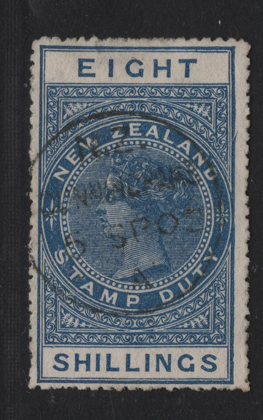 Lot 285 New Zealand (C) SG#F85 8/- Deep Blue Queen Victoria, 1906 Postal Fiscal Cancel, A Very Good Used Single, Sideways Star & NZ Wmk, Perf 14, Small Pinhole Just To The Right Of The Queen's Hair.