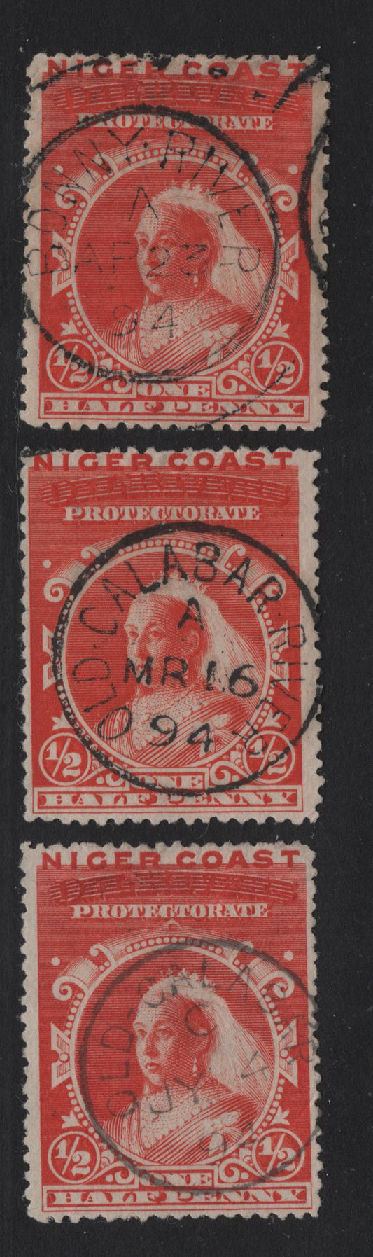 Lot 286 Niger Coast Protectorate SG#45, 45a 1/2d Vermillion Queen Victoria, 1894 Obliterated Oil Rivers Issue, 3 Fine/Very Fine Used Singles, Perfs 14.5-15 & 13.5-14, Bonny River, Old Calabar & Old Calabar River CDS Cancels