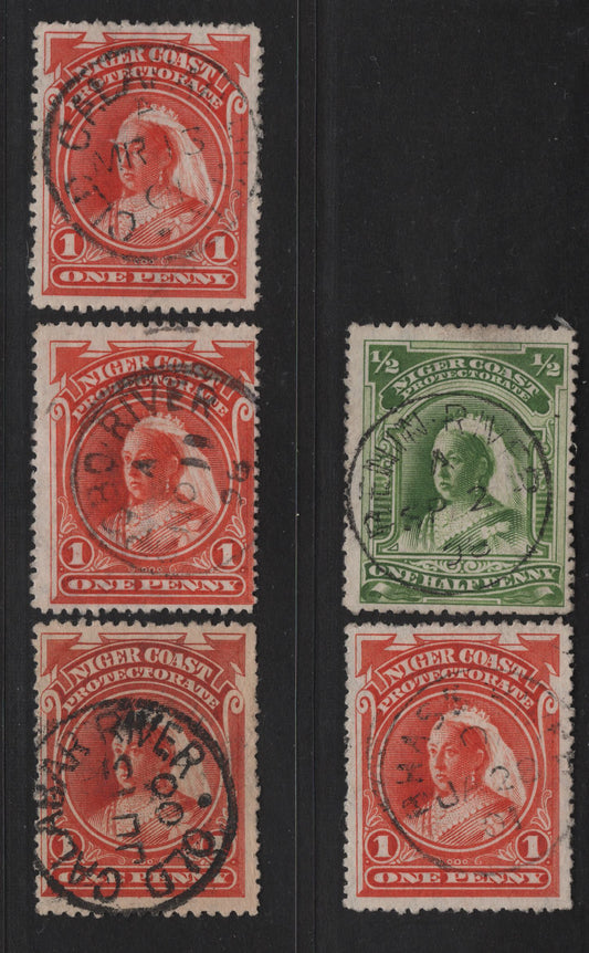 Lot 288 Niger Coast Protectorate (C) SG#66b, 67,d 1/2d - 1d Yellow Green - Orange Vermillion Queen Victoria, 1897-1898 Waterlow Portrait Issue, 5 Very Good-Very Fine Used Singles, SON Opobo River, Old Calabar River, Benin River & Brass River Cancels