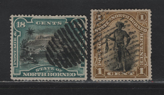 Lot 289 North Borneo (C) SG#66, 78 1c - 18c Black & Olive Bistre - Black & Deep Green Pictorial, 1894 Waterlow Pictorial Issue, 2 Very Good/Very Fine Used Singles, Full Grid Cancel Used As A Postal Cancel Rather Than As A Remainder Cancel