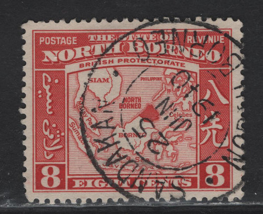 Lot 290 North Borneo (C)  SG#308 8c - 25c Scarlet Pictorial, 1939 Pictorial Issue, A Very Fine Used Single, SON June 25 1940 Sandakan Cancel