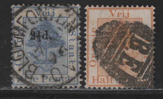 Lot 291 Orange Free State (C) SG#48, 67 1/2d - 2.5d on 3d Chestnut - Ultramarine Orange Tree, 1883-1892 Keyplate - Surcharged Issues, 2 VF Used Singles, Unusual 'BE' Barred, Which May Stand For Bloomfontein Or Bewfort West & SON Bloomfontein CDS Cancel