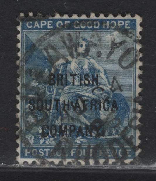 Lot 294 Rhodesia (C) SG#62 4d Blue Seated Hope, 1896 Overprinted Issue, VF Single With SON August 24, 1896 Bulawayo CDS Cancel