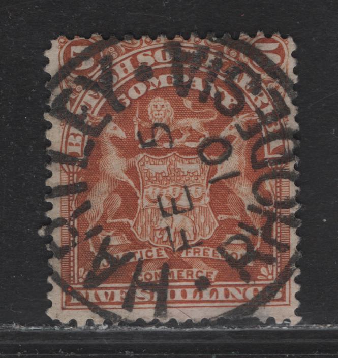Lot 296 Rhodesia (C) SG#87 5/- Brown Orange, 1808-1908 Waterlow Arms Issue, A Fine Used Single With  SON February 5, 1910 Hartley CDS Cancel