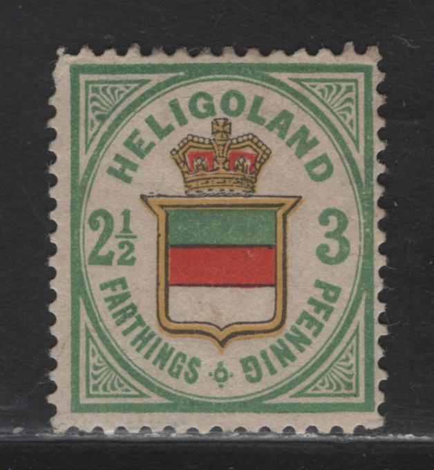 Lot 3 Heligoland SC#20a 3pf Green, Bright Red & Yellow Arms, 1876-1888 Arms Issue, A VGOG Single, Perf 13.5x14, Thin, CracklyGum, Perf & Shade Are Both Consistent With The Original Printingq.