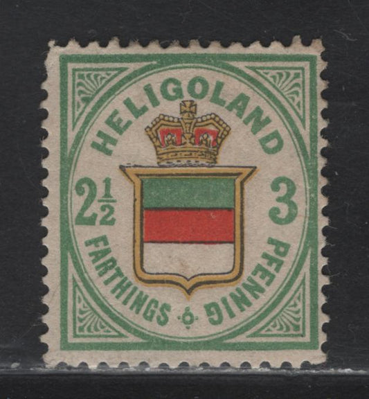 Lot 3 Heligoland SC#20a 3pf Green, Bright Red & Yellow Arms, 1876-1888 Arms Issue, A VGOG Single, Perf 13.5x14, Thin, CracklyGum, Perf & Shade Are Both Consistent With The Original Printingq.
