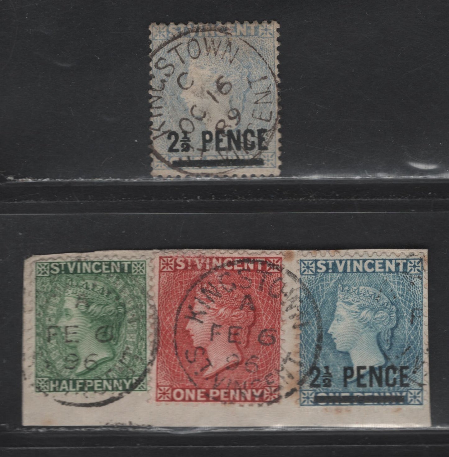 Lot 301 St. Vincent (C) 1885-1893 Queen Victoria Recess Printed Sidefaces Wmk Crown CA, Used Piece & Single With SON Kingston Cancels