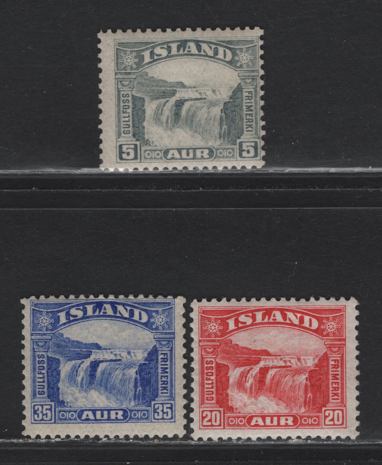 Lot 35 Iceland SC#170-172 5a - 35a Gray - Ultramarine Gullfoss Falls, 1931-1932 Gullfoss Falls Issue, 3 FOG Singles