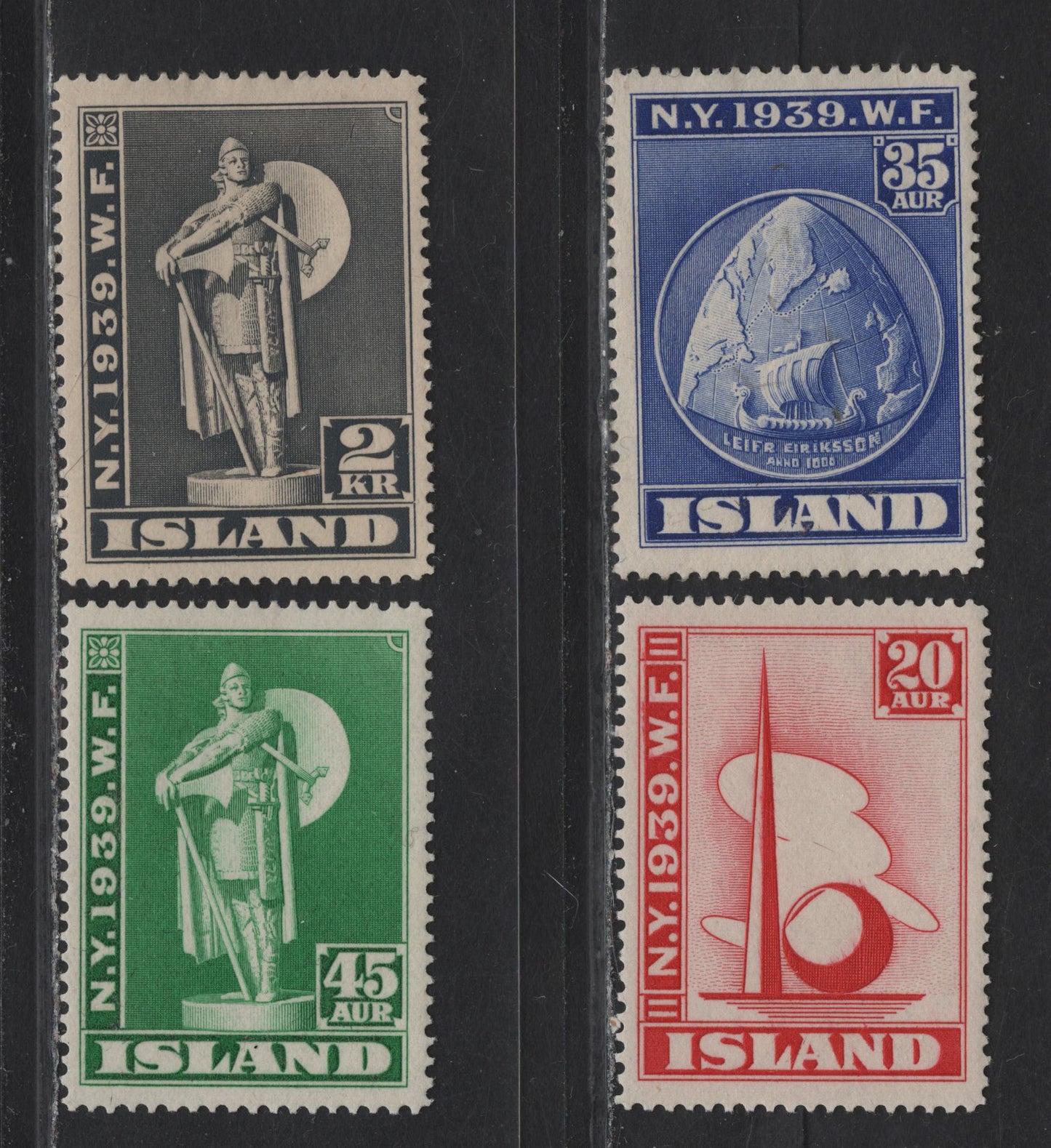 Lot 39 Iceland SC#213-216 20a - 2kr Crimson -DarkGray New York World's Fair, 1939 New York World's Fair Issue, 4 VFOG Singles