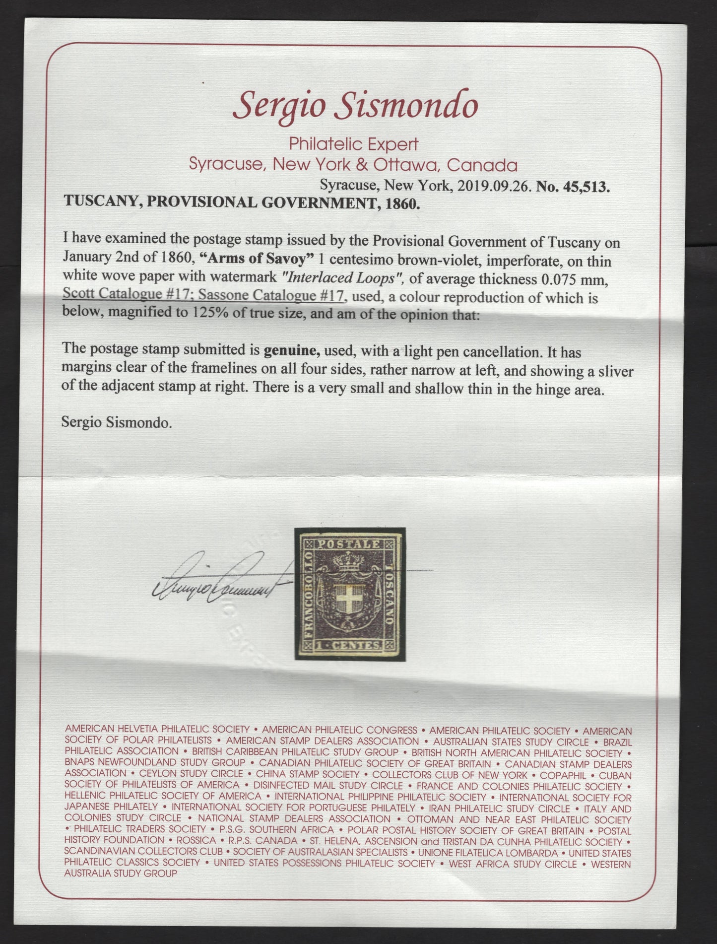 Lot 42 Italy - Tuscany SC#17b 1c Gray Lilac Arms, 1860 Arms Issue, A Fine Used Single, Light Pen Cancellation And A Clear 2019 Sismondo Certificate That Mentions A Very Shallow & Small Thin In The Hinge Area