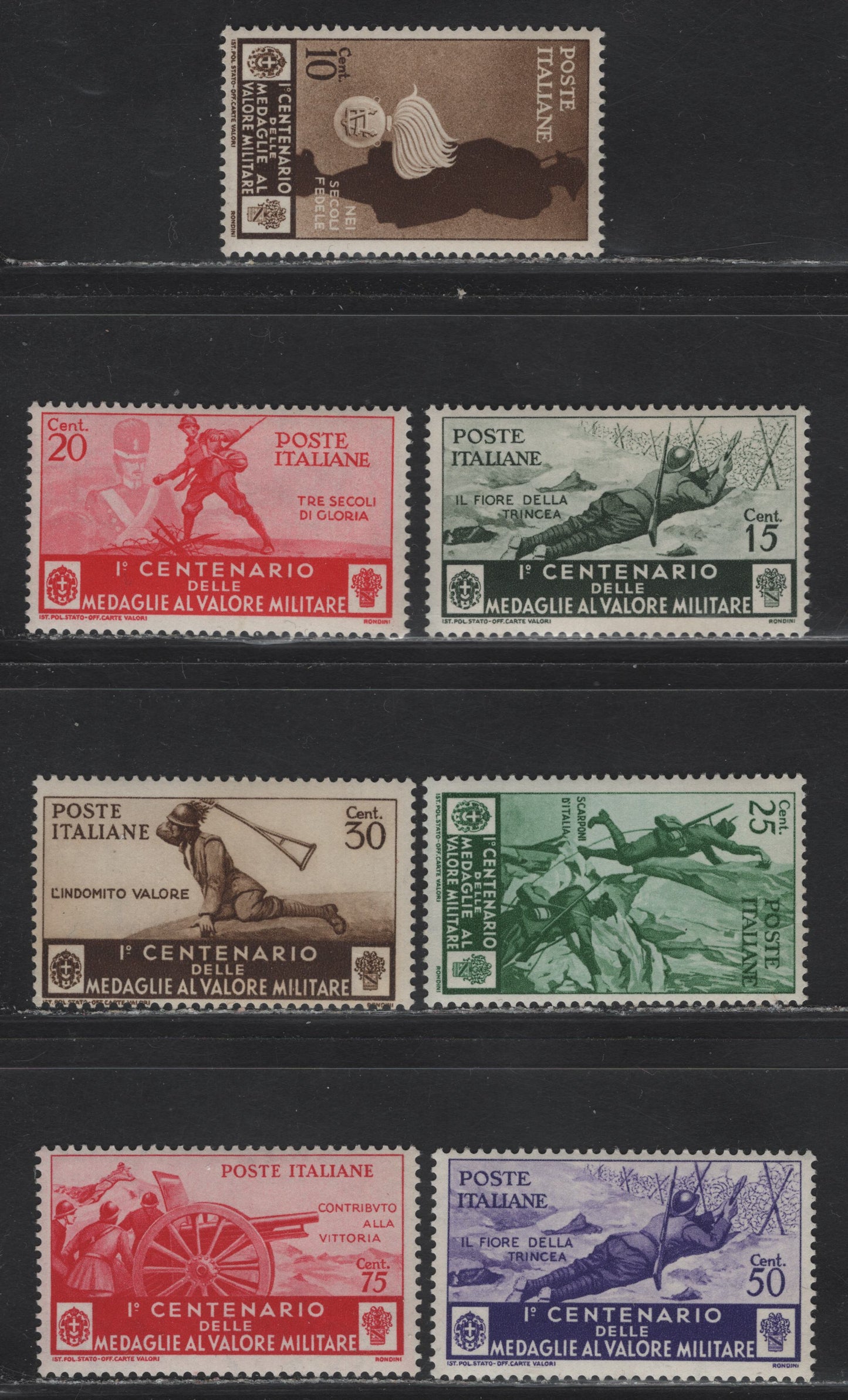 Lot 45 Italy SC#331-337 10c - 75c Dark Brown - Carmine Rose Medal of Valor, 1934 Centenary Of Medal Of Valor Issue, 7 F/VFOG Singles