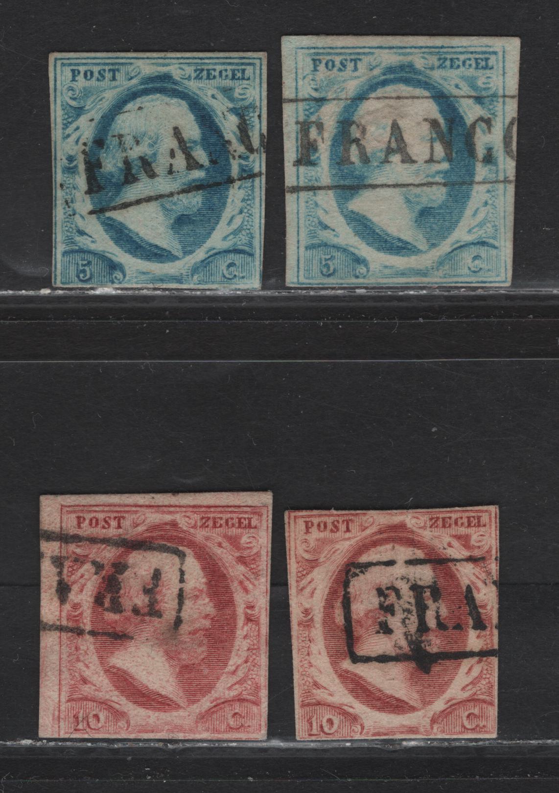 Lot 48 Netherlands SC#1-2 5c - 10c Blue - Lake King William III, 1852 King William III Issue, 4 Good/Very Good Used Singles, Stamps Are Sound, but Have Little to No Margins On Most Sides, 2 Shades Of Each