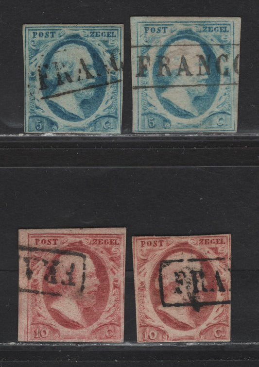 Lot 48 Netherlands SC#1-2 5c - 10c Blue - Lake King William III, 1852 King William III Issue, 4 Good/Very Good Used Singles, Stamps Are Sound, but Have Little to No Margins On Most Sides, 2 Shades Of Each