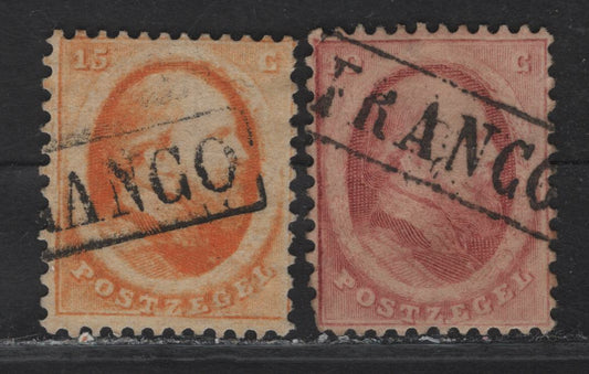 Lot 50 Netherlands SC#5-6 10c - 15c Lake - Orange King William III, 1864 King William III Issue, 2 Fine/Very Fine Used Singles