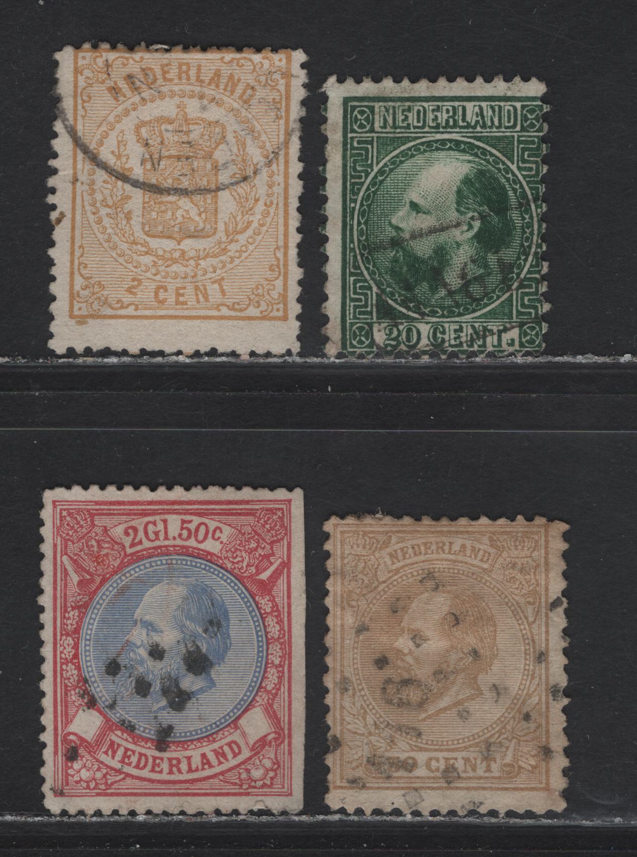 Lot 52 Netherlands SC#10, 21, 31, 33 20c - 2g50c Dark Green -Rose & Ulramarine King William III, 1867-1888 King William III Keyplate Issues, 4 Good/Very Good Used Singles, Shallow Thins On 2c Buff & 2g50c