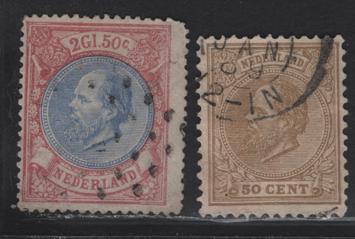 Lot 54 Netherlands SC#31, 33 50c - 2g50c Bistre - Rose & Ultramarine King William III, 1872-1888 King William III Keyplate Issue, 2 Very Good/Fine Used Singles, Perfs 12.5x12 & 14, 50c Has A Shallow Thin