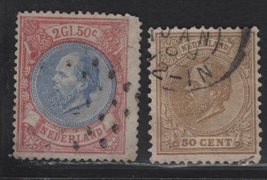 Lot 54 Netherlands SC#31, 33 50c - 2g50c Bistre - Rose & Ultramarine King William III, 1872-1888 King William III Keyplate Issue, 2 Very Good/Fine Used Singles, Perfs 12.5x12 & 14, 50c Has A Shallow Thin