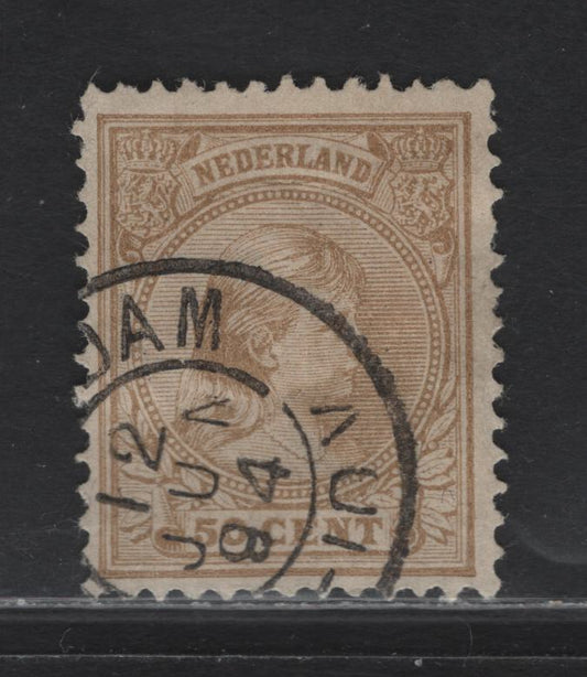 Lot 55 Netherlands SC#49a 50c Bistre Princess Wilhelmina, 1891-1894 Princess Wilhelmina Keyplates Issue, A Fine Used Single, Perf 12.5, Shallow thin