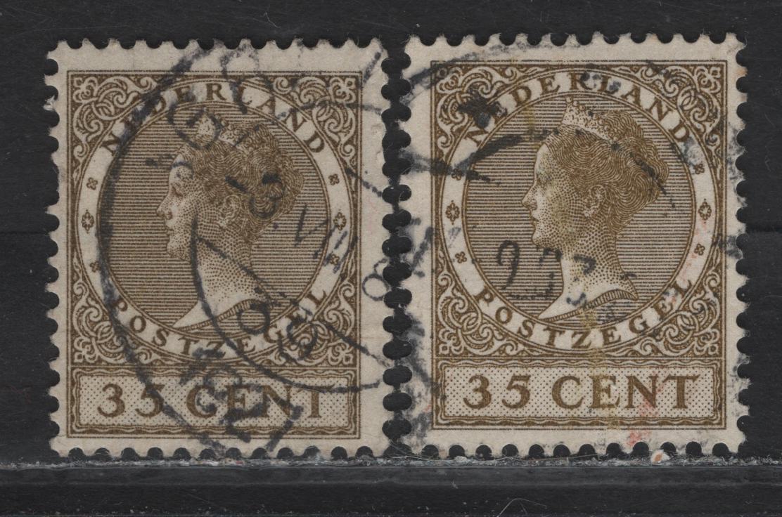 Lot 58 Netherlands SC#157, 190 35c Olive Brown Queen Wilhelmina, 1924-1939 Queen Wilhelmina Profile Heads Issue, 2 Very Good Used Singles, Circles Wmk & Unwatermarked
