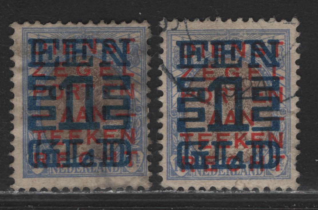 Lot 59 Netherlands SC#136 1g on 17.5c Ultramarine & Brown Queen Wilhelmina, 1923 Surcharged Issue, 2 Fine Used Singles