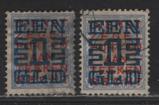 Lot 59 Netherlands SC#136 1g on 17.5c Ultramarine & Brown Queen Wilhelmina, 1923 Surcharged Issue, 2 Fine Used Singles