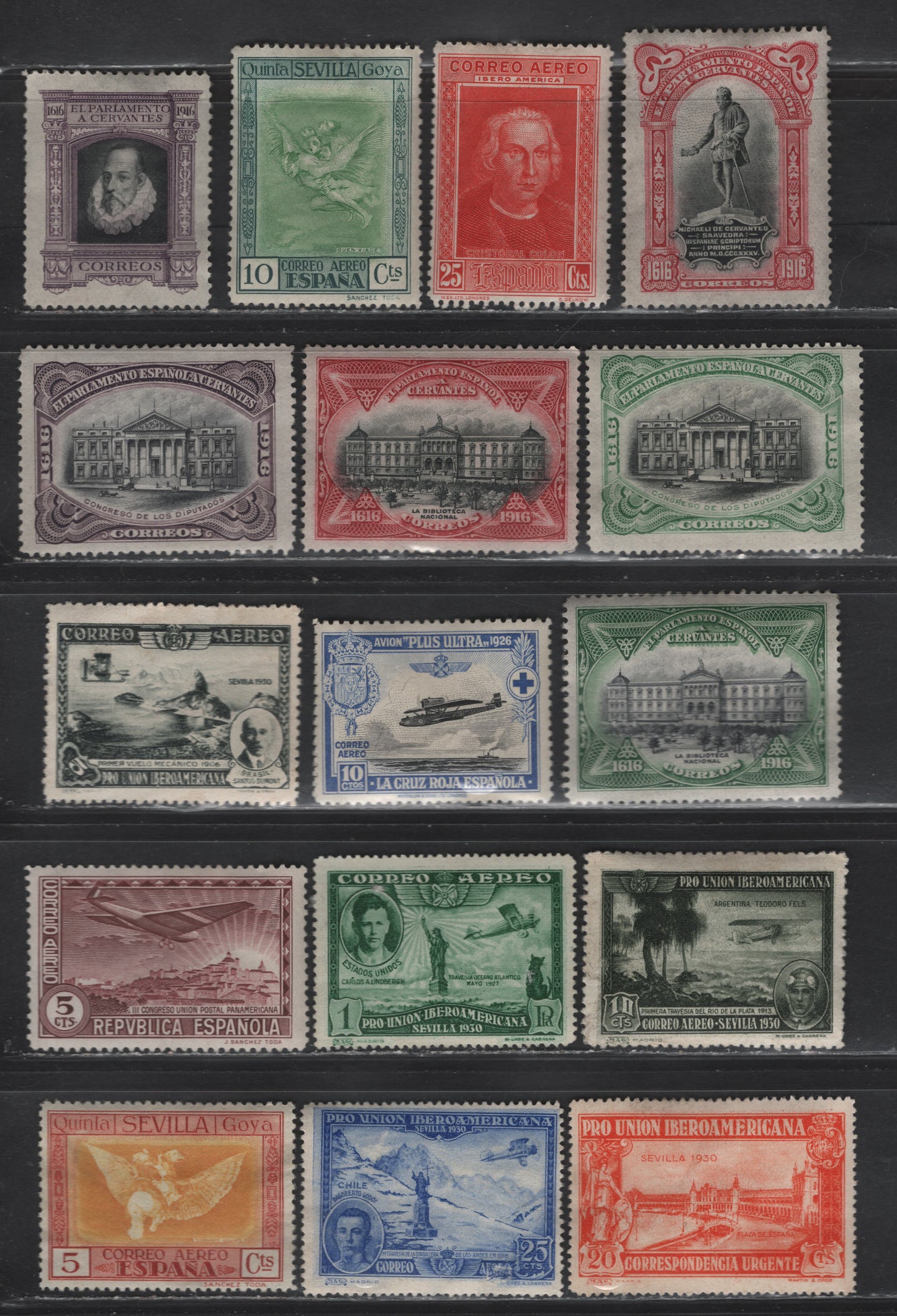 Lot 65 Spain (C) SC#C18, C22, C45, C62, C50-C52, C86, CB1-CB2, E9, O6, O14, O16-O19 5c - 20c Green - Orange Cervantes - Airplane, 1915-1931 Cervantes - Airmail Issues, 17 F/VFOG Singles