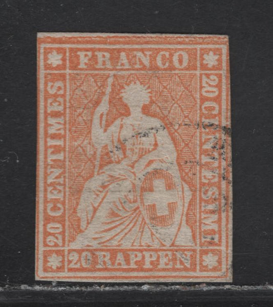 Lot 66 Switzerland SC#39b 20r Yellow Orange Struebel, 1858-1862 Struebel Issue, A Fine Used Single, Green SilkThread, Full Margins At Top & Bottom Just Touching To Clear On Sides