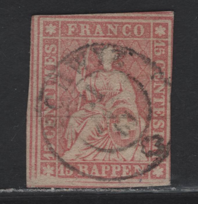 Lot 68 Switzerland SC#38a 15r Pale Rose Helvetia, 1858-1862 Strubel Issue, A Very Fine Used Single, Thick Ordinary Paper, Rough Impression, Green Silk Thread, Two Jumbo Margins At Left & Bottom.