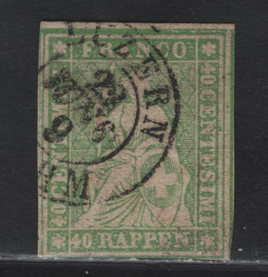 Lot 69 Switzerland SC#29 40r Yellow Green Helvetia, 1858-1862 Strubel Issue, A Fine Used Single, Rough Impression, Maroon Silkthread, Jumbo Margins At Top & Right.