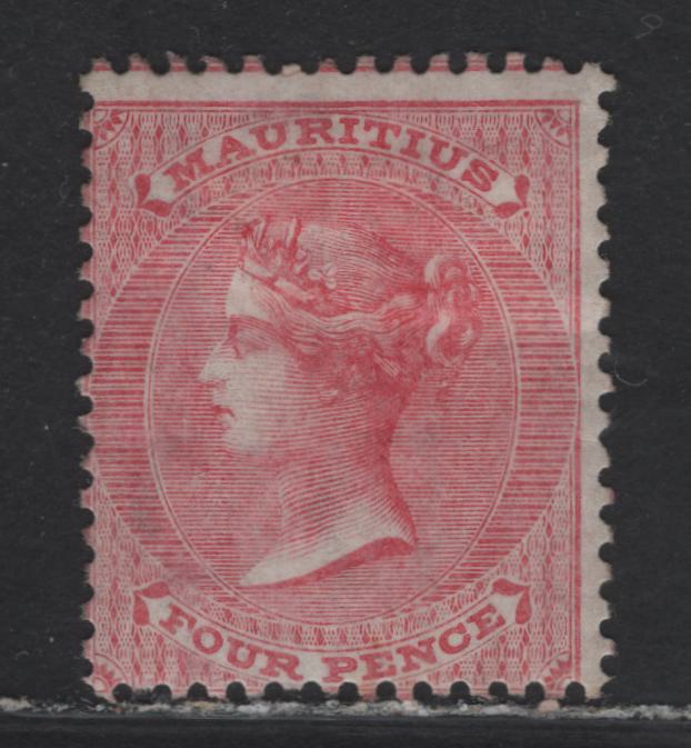 Lot 7 Mauritius SG#62 4d Rose Queen Victoria, 1863-1872 Queen Victoria Keyplates Issue, A FOG Single, Surface Printed Issue, Crown CC Wmk