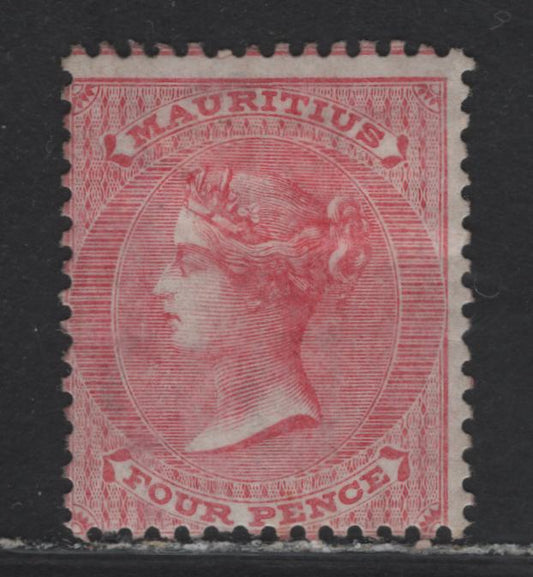 Lot 7 Mauritius SG#62 4d Rose Queen Victoria, 1863-1872 Queen Victoria Keyplates Issue, A FOG Single, Surface Printed Issue, Crown CC Wmk
