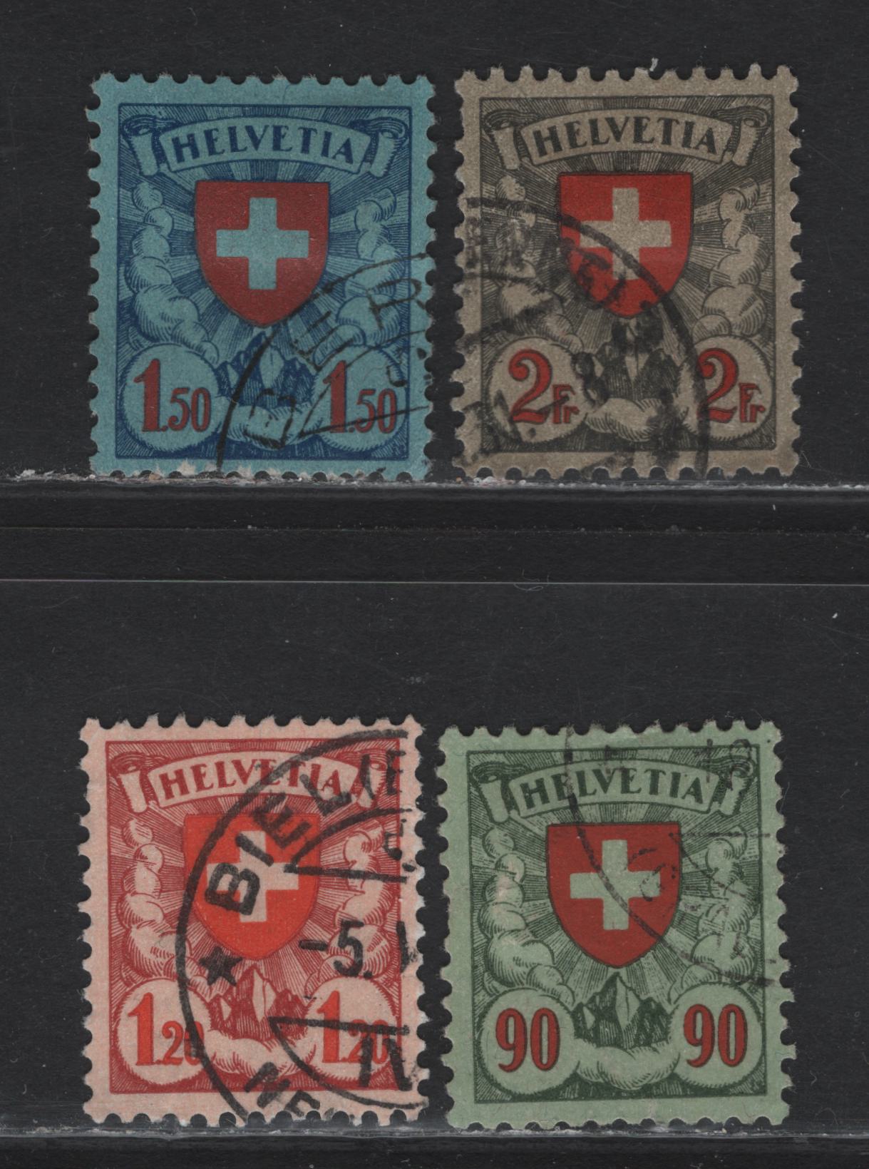 Lot 80 Switzerland  (C) SC#200, 201a, 202-203 90c - 2fr Green & Red on Green - Gray Black & Red on Gray Swiss Cross, 1924-1933 Swiss Cross Defintive Issue, 4 Very Fine Used Singles, Granite Paper, Includes 1.20fr With Grilled Gum