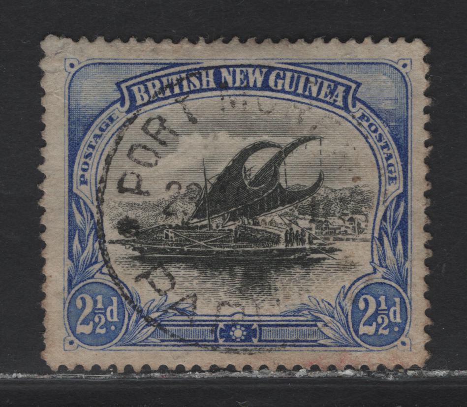 Lot 8 Papua (C) SG#4 2.5d Black & Ultramarine Lakatoi, 1901-1905 Pictorial Issue, A Very Good Used Single, Horizontal Rosettes Wmk, Nearly Detatched UL Corner, Port Moresby Cancel.
