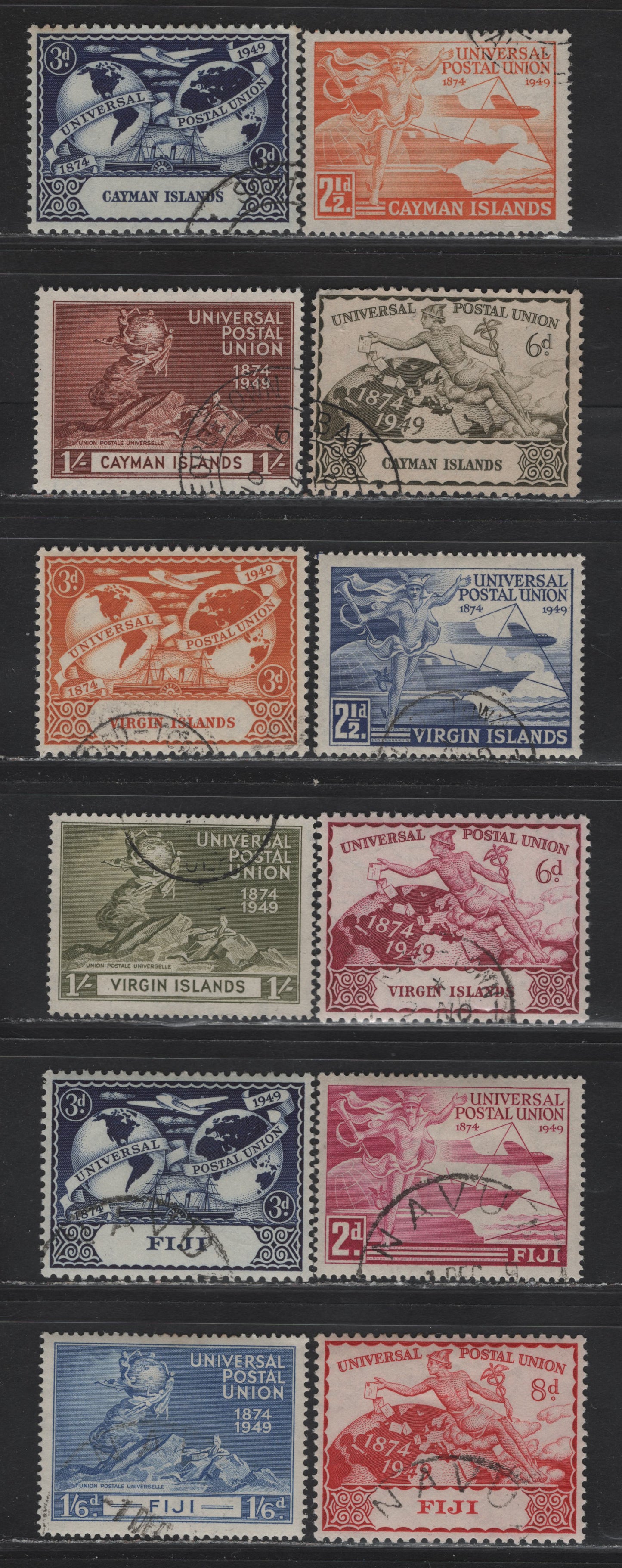 Lot 81 British Virgin Islands, Cayman Islands & Fiji (C) SG#126-129, 131-134, 272-275 2.5d - 1/6 Ultramarine & Blue UPU, 1949 UPU Issue, 12 Fine/Very Fine Used Singles