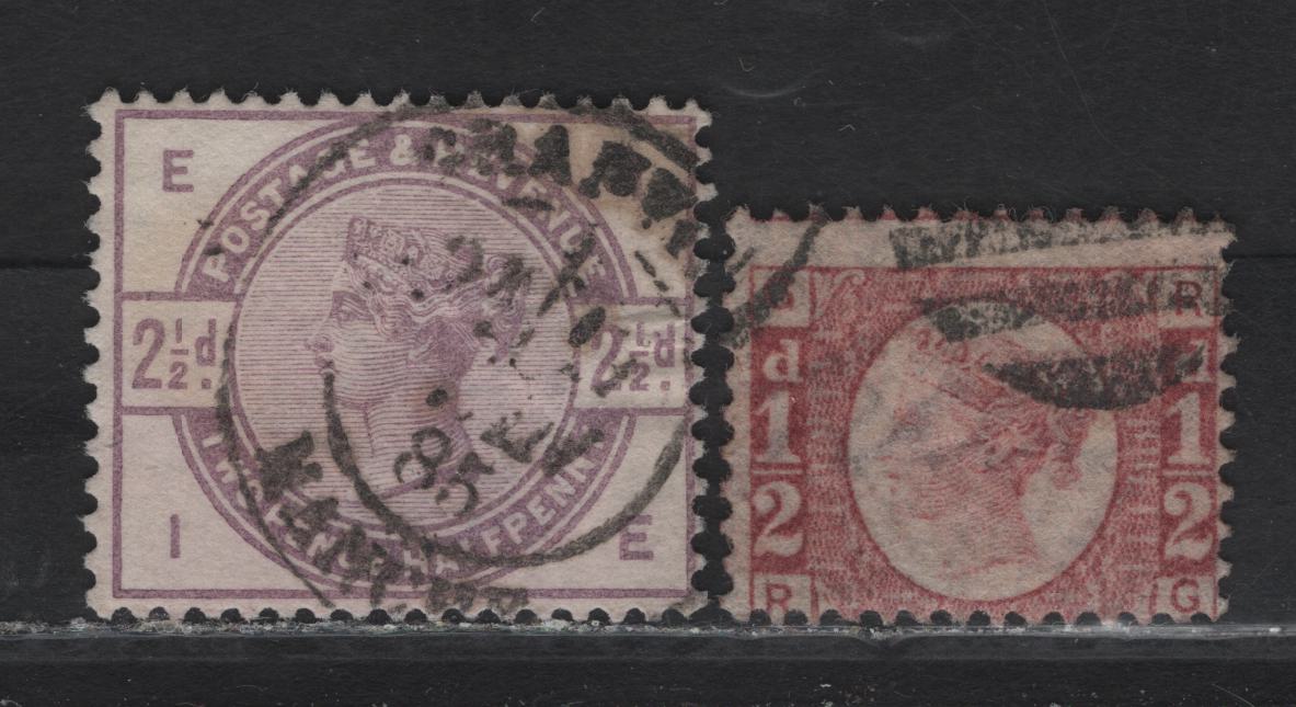 Lot 90 Great Britain (C) SG#48, 190 1/2d - 2.5d Rose Red - Lilac Bantam - Lilac & Green, 1870-1884 Line Engraved Bantam - Lilac & Green Issue, 2 Fine/Very Fine Used Singles, 2.5d Has A Nice 1886 Manchester CDS Cancel