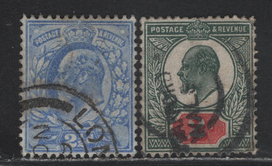 Lot 92 Great Britain (C) SG#230, 290 2.5d - 2d Ultramarine - Deep Dull Green & Red King Edward VII, 1902-1912 King Edward VII Keyplate Issue, 2 Good /Very Fine Used Singles, Somerset House Printing, 2.5d Being De La Rue
