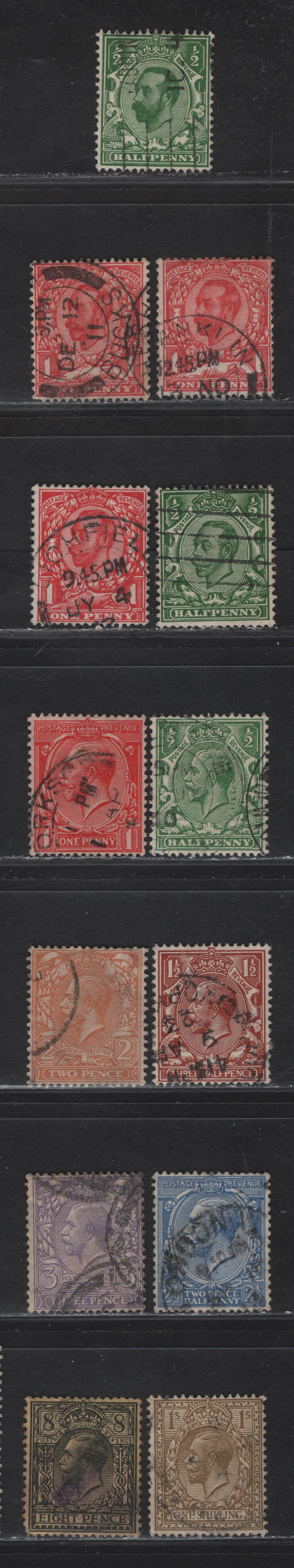 Lot 95 Great Britain (C) SG#322, 329, 339, 342, 357, 362, 366, 371, 377, 391, 395, 418 1/2d Green King George V, 1911-1926 Downey Heads - KGV Profile Heads Issues, 12 Fine/Very Fine Used Singles, Royal Cypher & Block Cypher Wmks, Die A