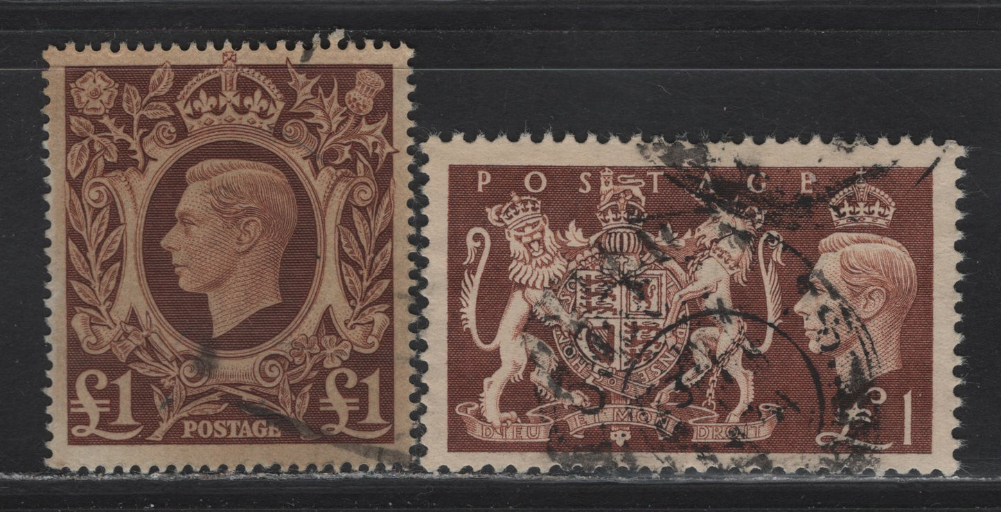 Lot 96 Great Britain (C) SG#478c, 512 £1 Brown King George VI & Arms - Festival, 1948-1951 KGVI Arms - Festival High Value Issues, 2 Very Fine Used Singles, Face Free Cancel