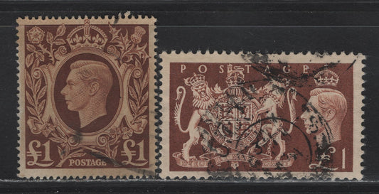 Lot 96 Great Britain (C) SG#478c, 512 £1 Brown King George VI & Arms - Festival, 1948-1951 KGVI Arms - Festival High Value Issues, 2 Very Fine Used Singles, Face Free Cancel