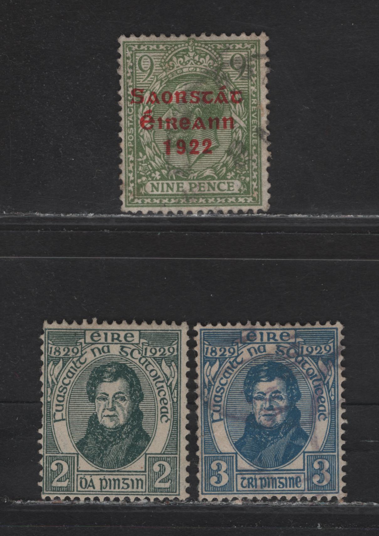 Lot 98 Ireland (C) SG#61, 89-90 9d - 3d Olive Green - Blue Irish Free State - Catholic Emancipation, 1922-1929 Irish Free State - Catholic Emancipation Centenary Issues, 3 Fine/Very Fine Used Singles