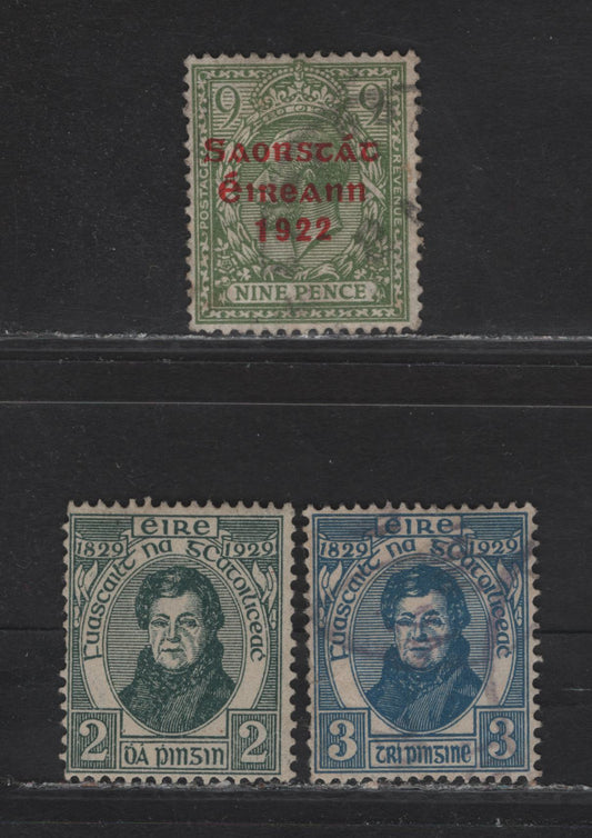 Lot 98 Ireland (C) SG#61, 89-90 9d - 3d Olive Green - Blue Irish Free State - Catholic Emancipation, 1922-1929 Irish Free State - Catholic Emancipation Centenary Issues, 3 Fine/Very Fine Used Singles