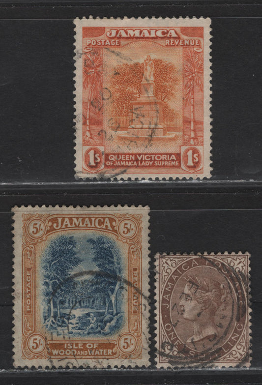 Lot 99 Jamaica (C) SG#24b, 102, 105c 1/- - 5/- Chocolate - Blue & Pale Bistre brown Queen Victoria - Pictorial, 1883-1929 Queen Victoria Keyplate - Pictorial Issues, 3 Fine/Very Fine Used Singles, Crown CA & Script CA Wmks