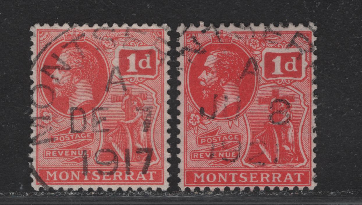 Lot 100 Montserrat (C) SG#50, 50a 1d Scarlet - Carmine Red King George V, 1916-1922 KGV Colonial Badge Keyplate Issue, 2 Very Fine Used Singles, SON December 7 1917 & June 8 1921 Montserrat CDS Cancels