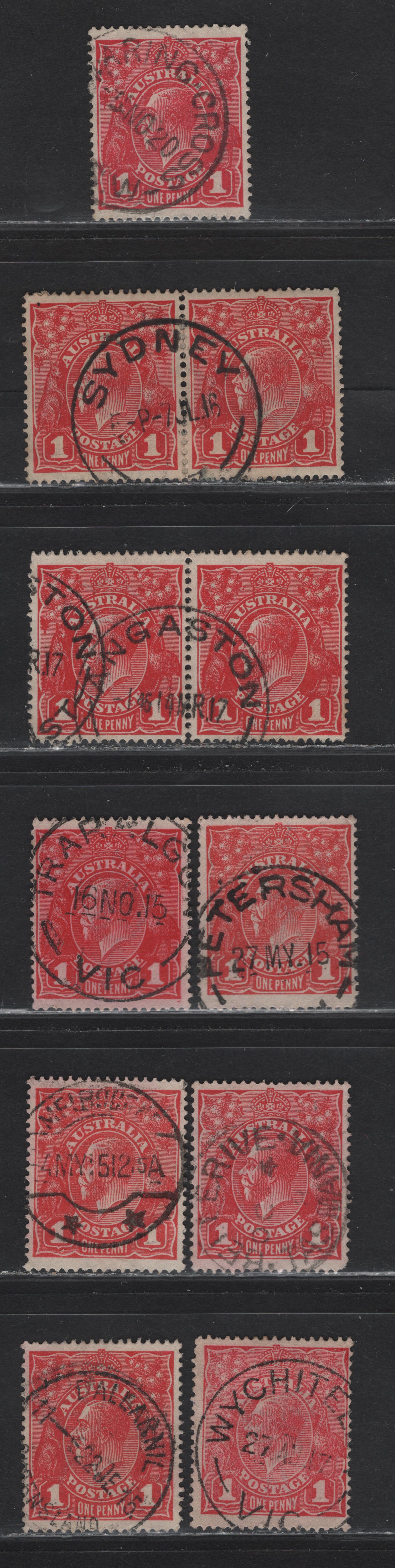Lot 10 Australia (C)  SG#21,ca,cc,d, 47-b 1d Carmine Red King George V, 1914-1923 KGV Heads Issue, 9 Fine/Very Fine Used Singles & Pair, Perf 14.25x14 & 14, CDS Town Cancels, Including On Die 1, Variety of Shades.