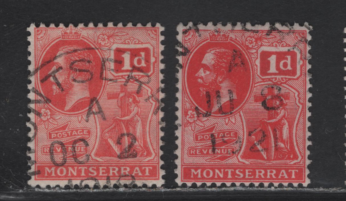 Montserrat (C) SG#50, 50a 1d Scarlet - Carmine Red King George V, 1916-1922 KGV Colonial Badge Keyplate Issue, 2 Fine Used Singles, SON October 2, 1918 & June 8 1921 Montserrat CDS Cancels